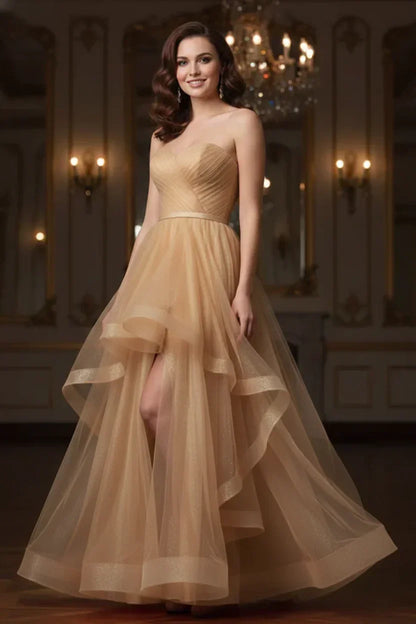 Ruffled Strapless Tulle Corset Prom Dress with Slit | Sevoba