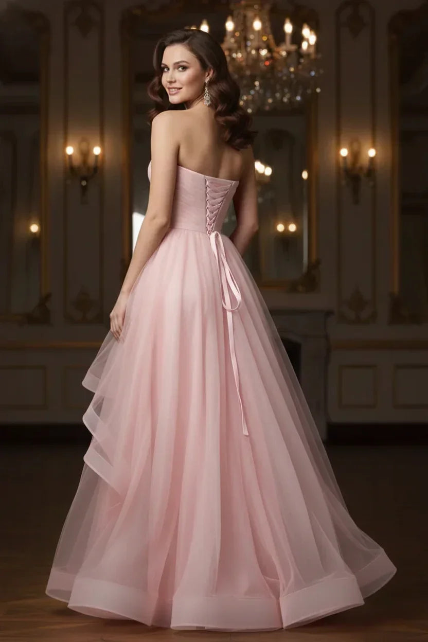 Ruffled Strapless Tulle Corset Prom Dress with Slit | Sevoba