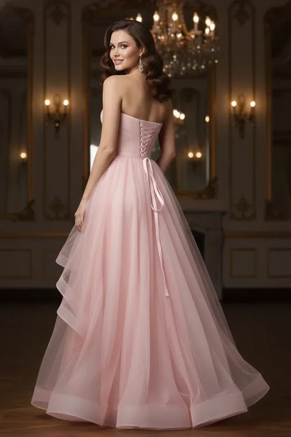 Ruffled Strapless Tulle Corset Prom Dress with Slit | Sevoba