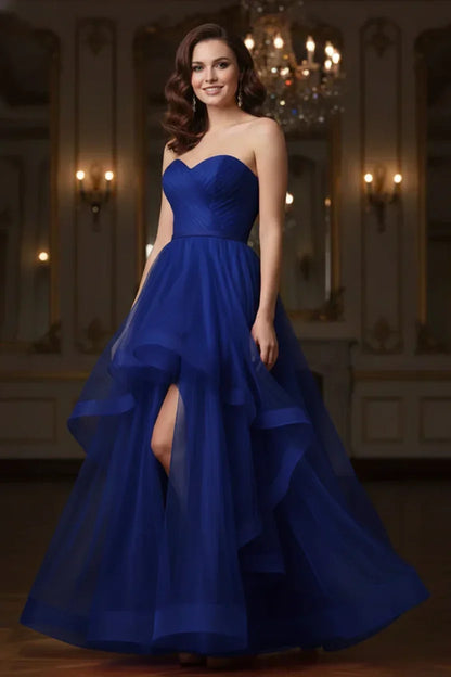 Ruffled Strapless Tulle Corset Prom Dress with Slit | Sevoba