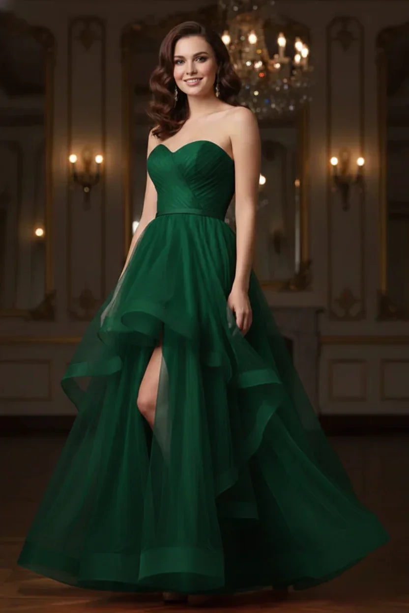 Ruffled Strapless Tulle Corset Prom Dress with Slit | Sevoba