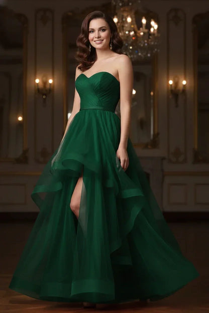 Ruffled Strapless Tulle Corset Prom Dress with Slit | Sevoba