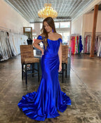 Off the Shoulder Royal Blue Prom Dress with Train