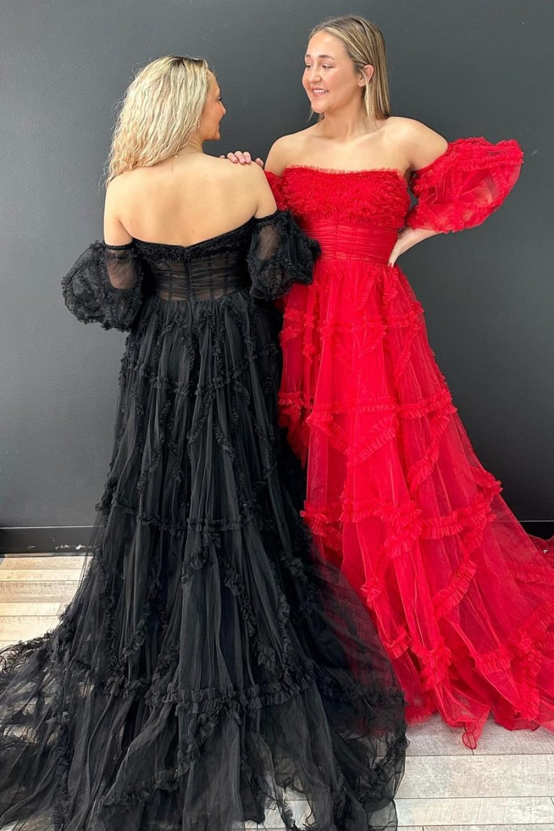 Sevoba|A-Line Strapless Ruffles Long Formal Dress with Puff Sleeves