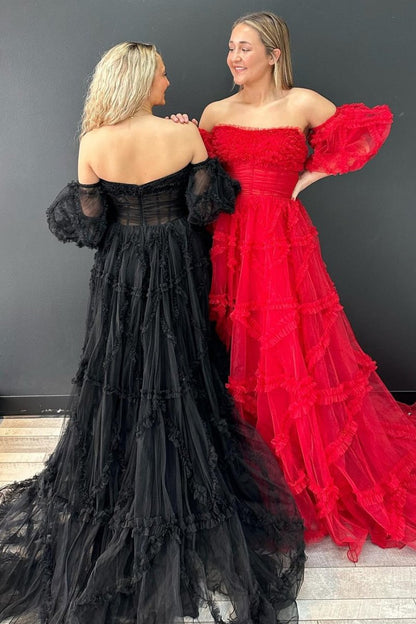 Sevoba|A-Line Strapless Ruffles Long Formal Dress with Puff Sleeves