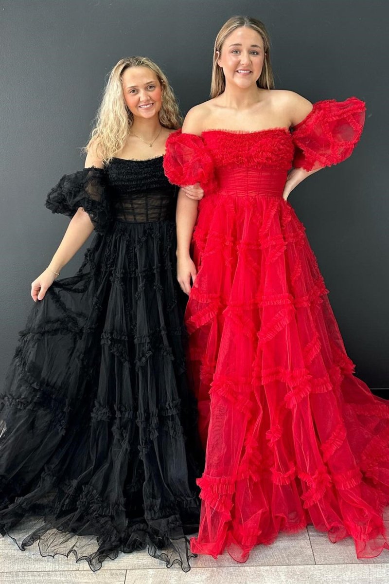 Sevoba|A-Line Strapless Ruffles Long Formal Dress with Puff Sleeves