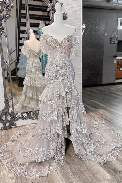 Sevoba|Red Sequin-Embroidery Off-the-Shoulder Tiered Long Prom Dress with Slit