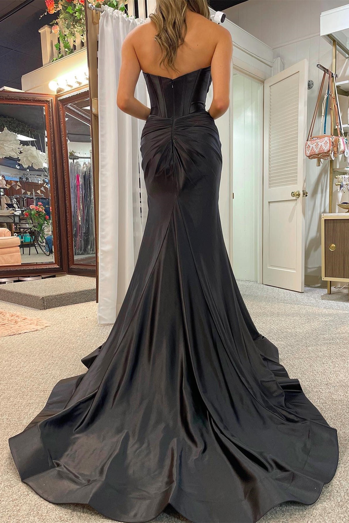 Sevoba|Classy Strapless Keyhole Mermaid Satin Long Prom Dress with Slit