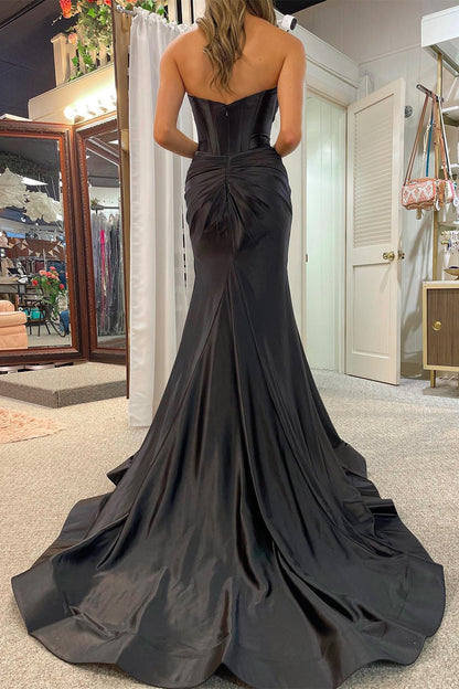 Sevoba|Classy Strapless Keyhole Mermaid Satin Long Prom Dress with Slit