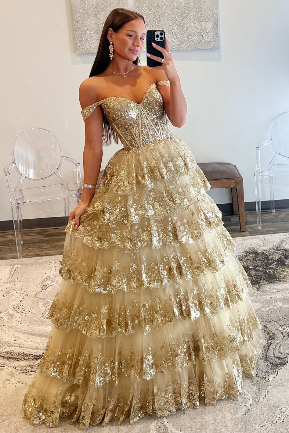 Sevoba|Off-the-Shoulder Gold Sequin Lace Ruffle Multi-Layer Long Prom Dress