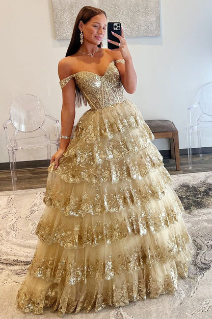 Sevoba|Off-the-Shoulder Gold Sequin Lace Ruffle Multi-Layer Long Prom Dress