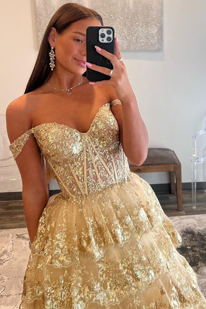 Sevoba|Off-the-Shoulder Gold Sequin Lace Ruffle Multi-Layer Long Prom Dress