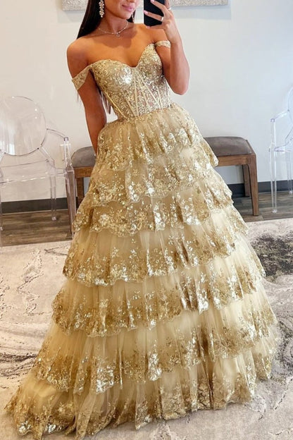 Princess Off the Shoulder Sequined Lace Prom Dress