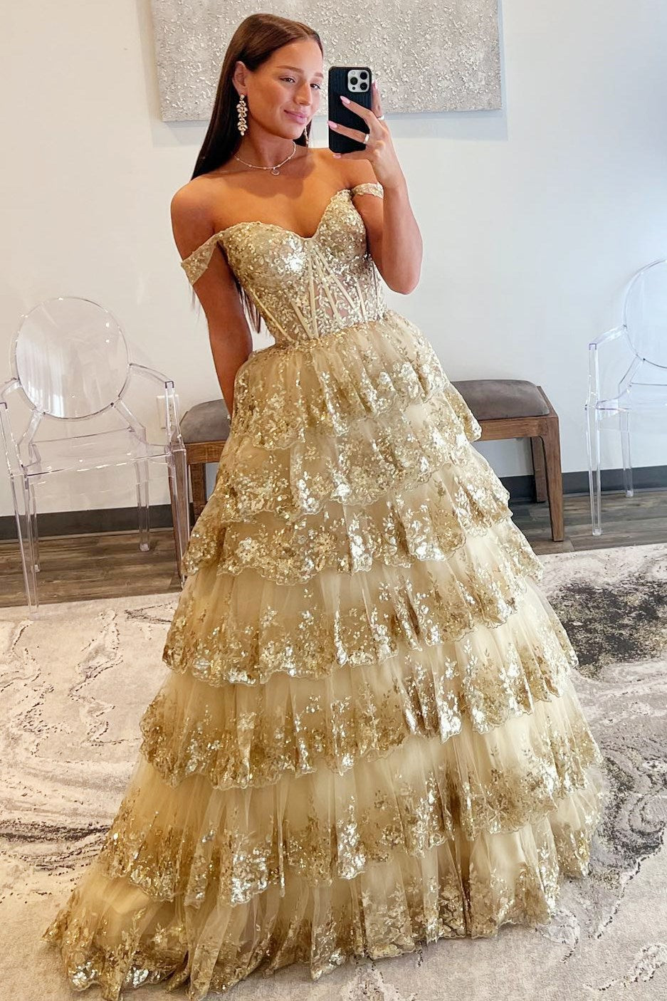 Sevoba|Off-the-Shoulder Gold Sequin Lace Ruffle Multi-Layer Long Prom Dress
