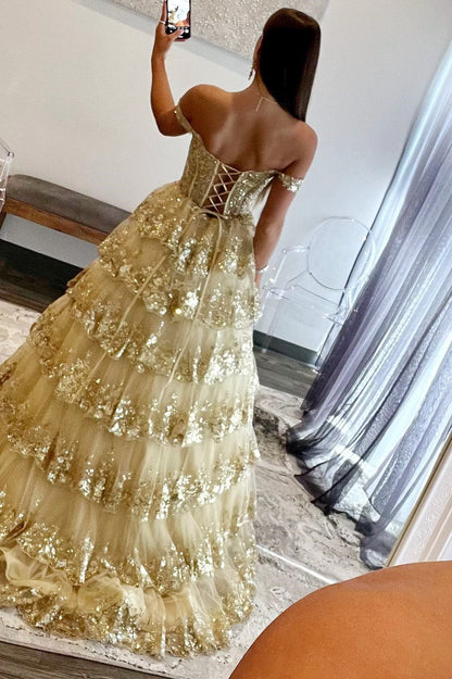 Sevoba|Off-the-Shoulder Gold Sequin Lace Ruffle Multi-Layer Long Prom Dress