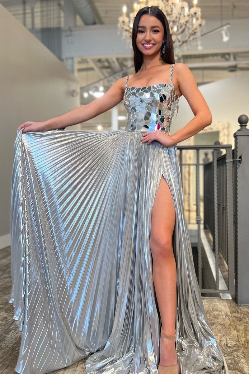 Metallic Off-the-Shoulder Pleated Prom Dress with Broken Mirrors