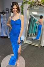 Montana | Lace-Up Back Mermaid Ruched Maxi Dress with Slit in Light Blue