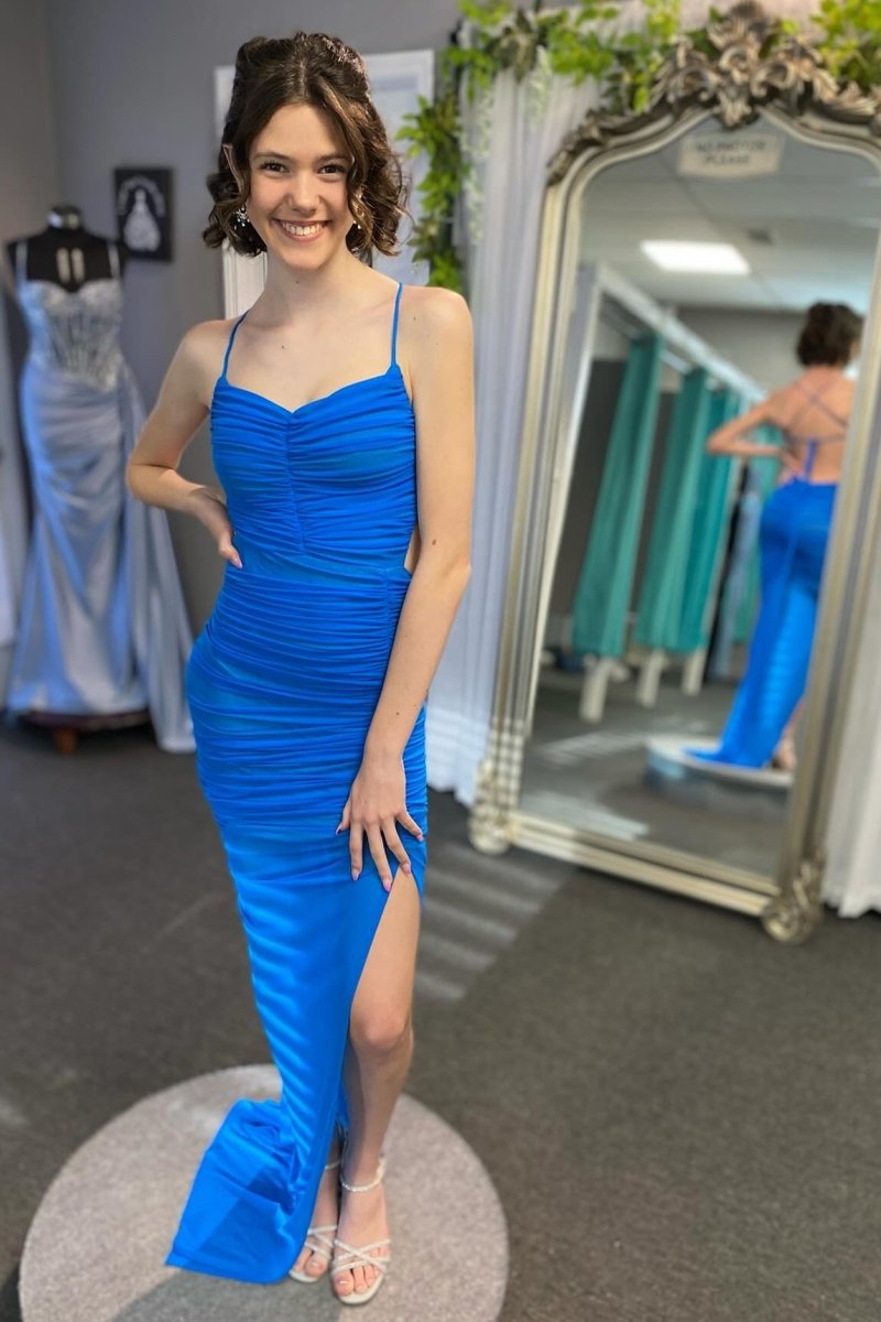 Montana | Lace-Up Back Mermaid Ruched Maxi Dress with Slit in Light Blue