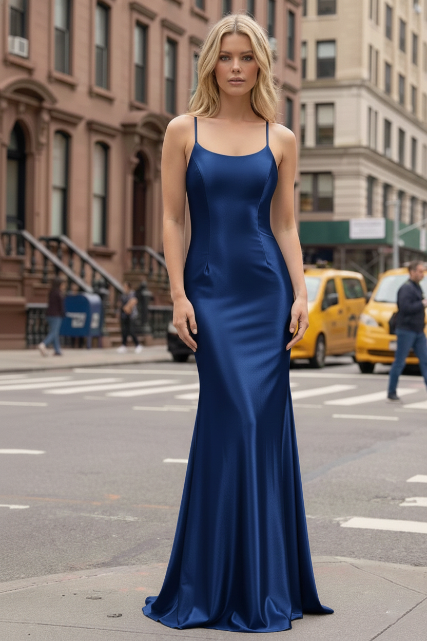 Satin Spaghetti Strap Mermaid Prom Dress with Lace Up Back | Sevoba