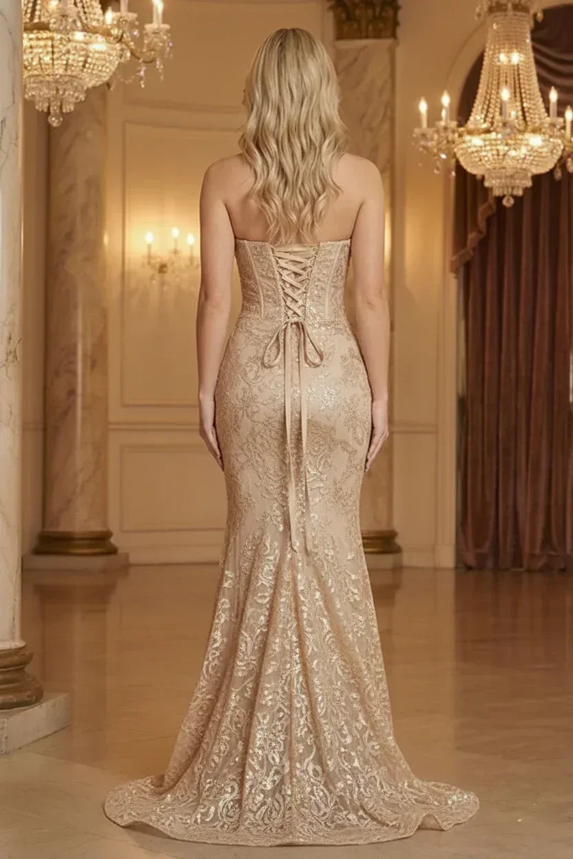 Sequin Strapless Lace Mermaid Prom Dress with Corset Back | Sevoba
