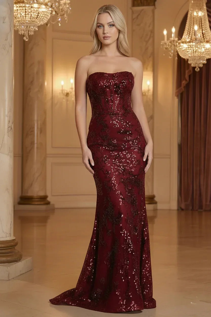 Sequin Strapless Lace Mermaid Prom Dress with Corset Back | Sevoba