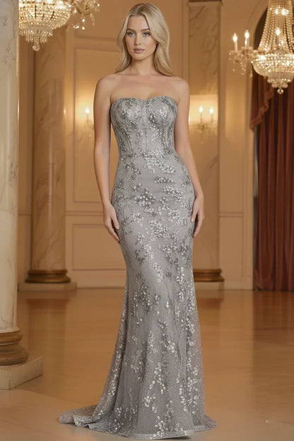 Sequin Strapless Lace Mermaid Prom Dress with Corset Back | Sevoba