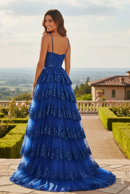 Sequin Tiered Ruffle A-Line Prom Dress with Corset Bodice and Slit | Sevoba