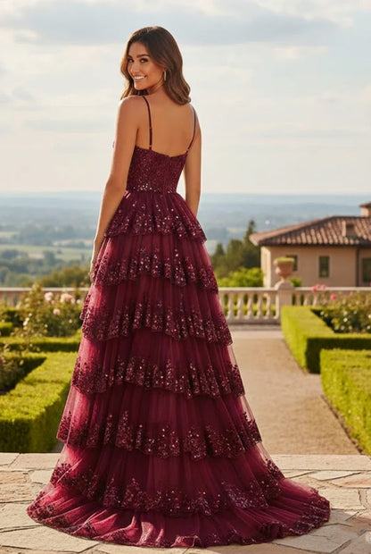 Sequin Tiered Ruffle A-Line Prom Dress with Corset Bodice and Slit | Sevoba