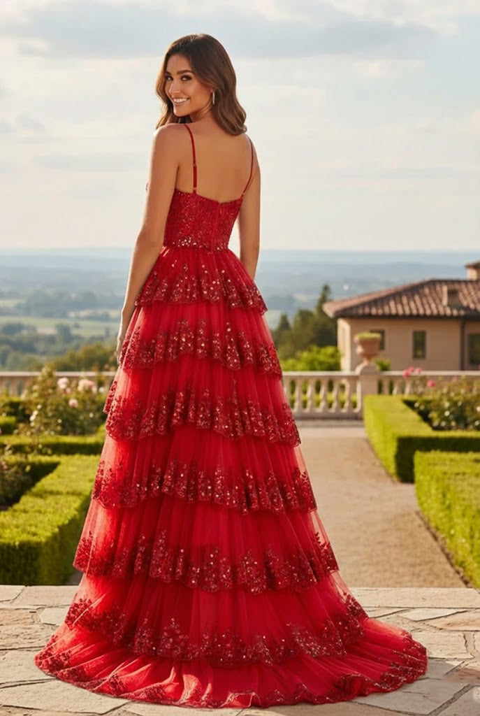 Sequin Tiered Ruffle A-Line Prom Dress with Corset Bodice and Slit | Sevoba