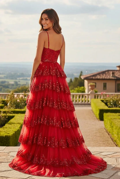 Sequin Tiered Ruffle A-Line Prom Dress with Corset Bodice and Slit | Sevoba