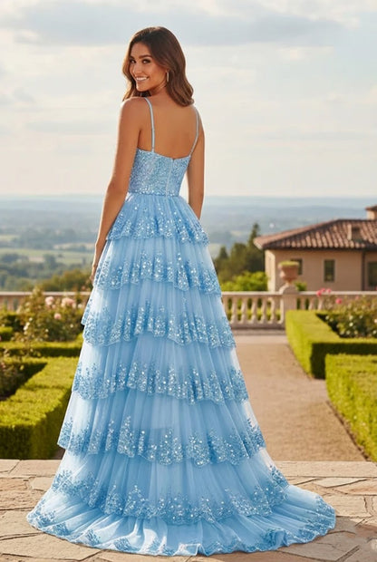 Sequin Tiered Ruffle A-Line Prom Dress with Corset Bodice and Slit | Sevoba