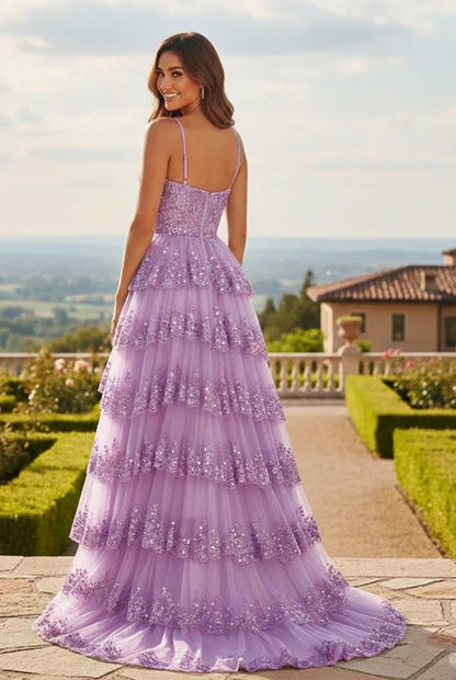 Sequin Tiered Ruffle A-Line Prom Dress with Corset Bodice and Slit | Sevoba