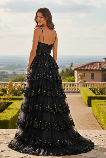 Sequin Tiered Ruffle A-Line Prom Dress with Corset Bodice and Slit | Sevoba