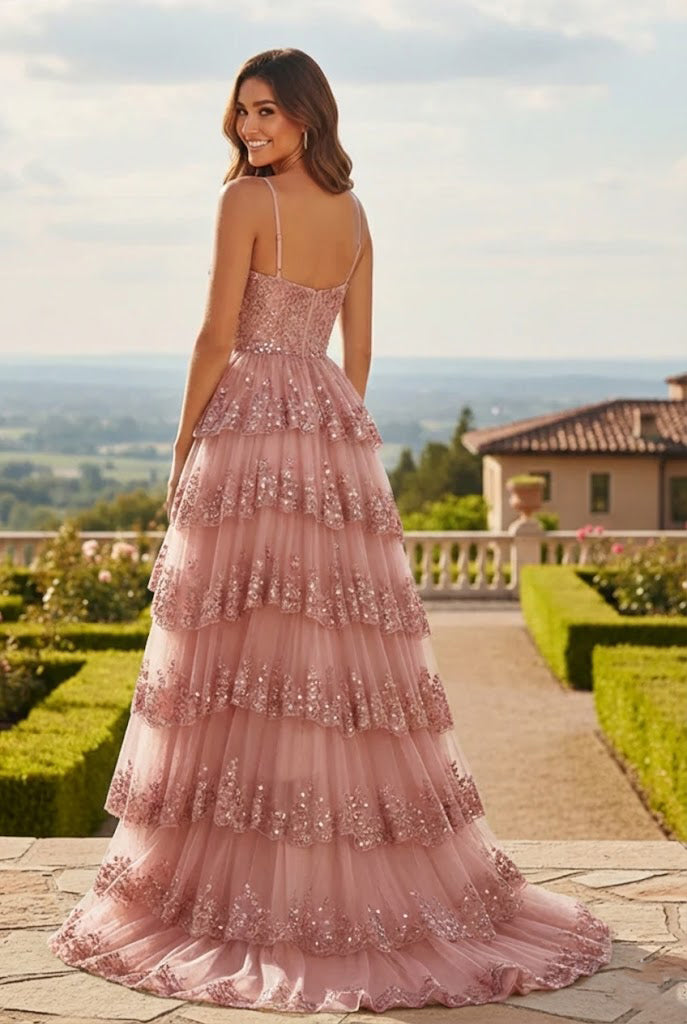 Sequin Tiered Ruffle A-Line Prom Dress with Corset Bodice and Slit | Sevoba
