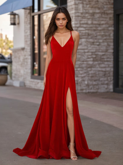 Sevoba | Red Velvet Plunge V Cross Back A-Line Long Formal Dress