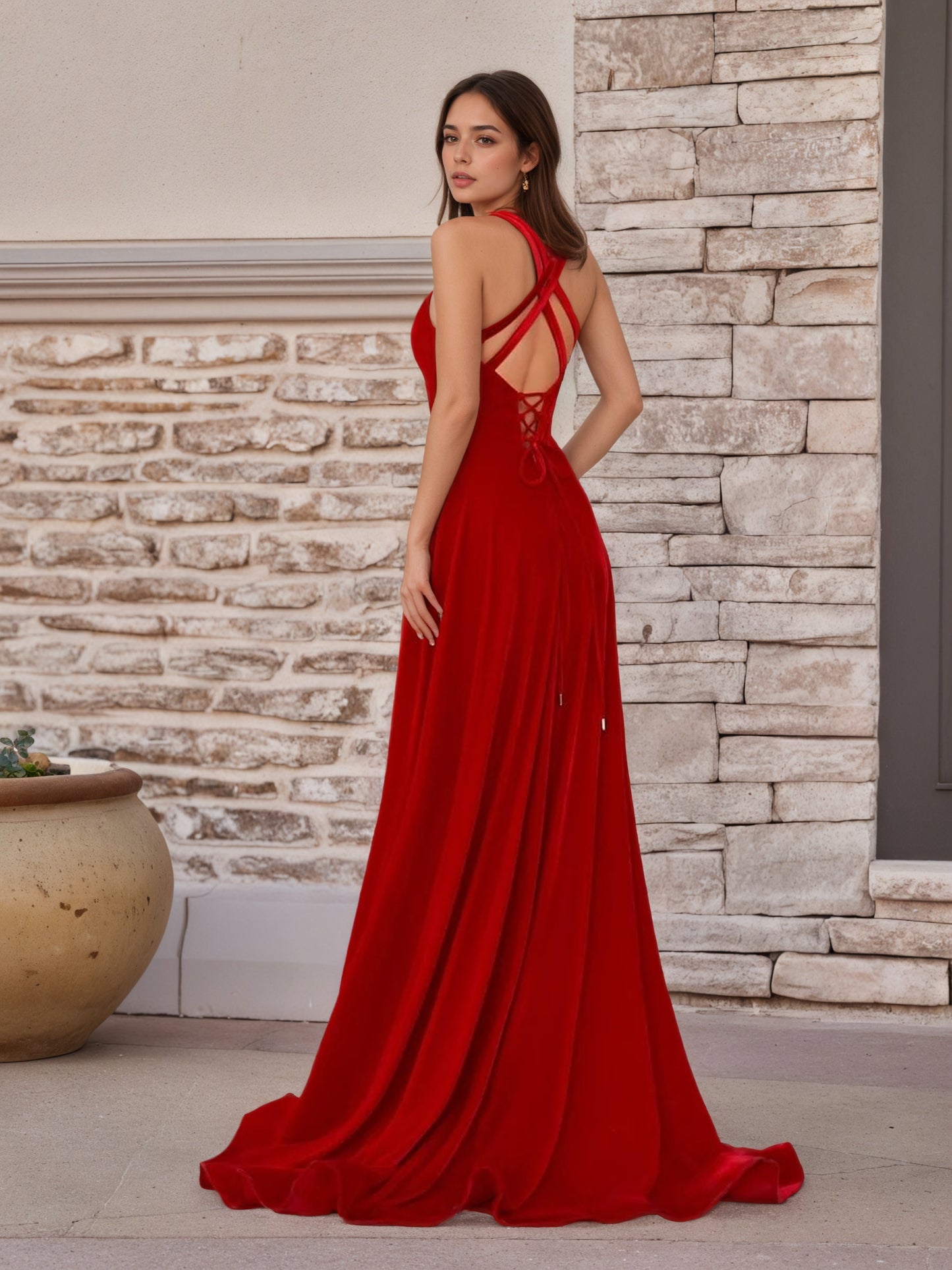 Sevoba | Red Velvet Plunge V Cross Back A-Line Long Formal Dress