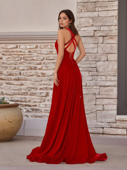 Sevoba | Red Velvet Plunge V Cross Back A-Line Long Formal Dress