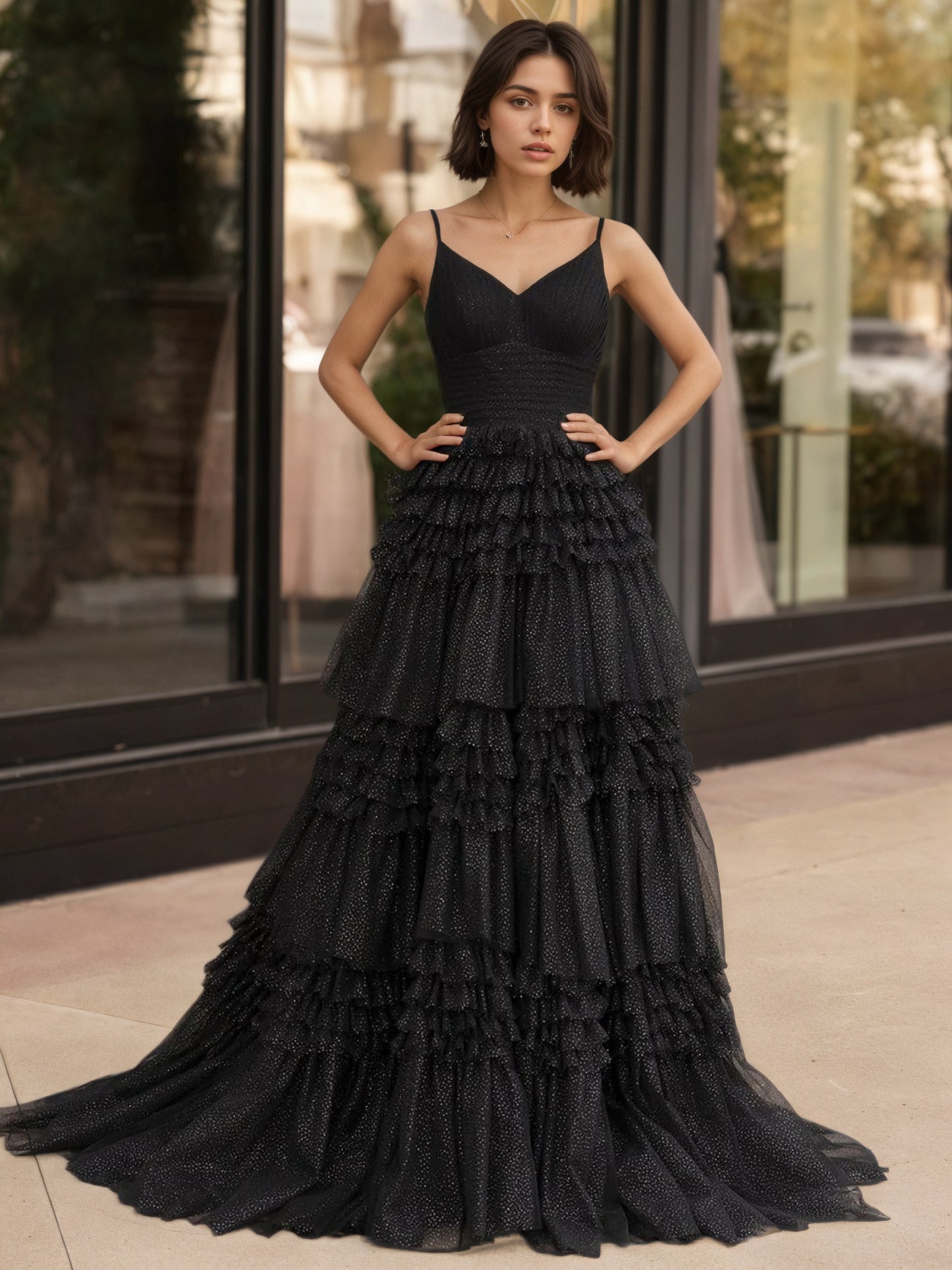 Sevoba | A-Line Deep V Neck Tiered Long Glitter Tulle Prom Dress