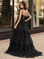 Sevoba | A-Line Deep V Neck Tiered Long Glitter Tulle Prom Dress