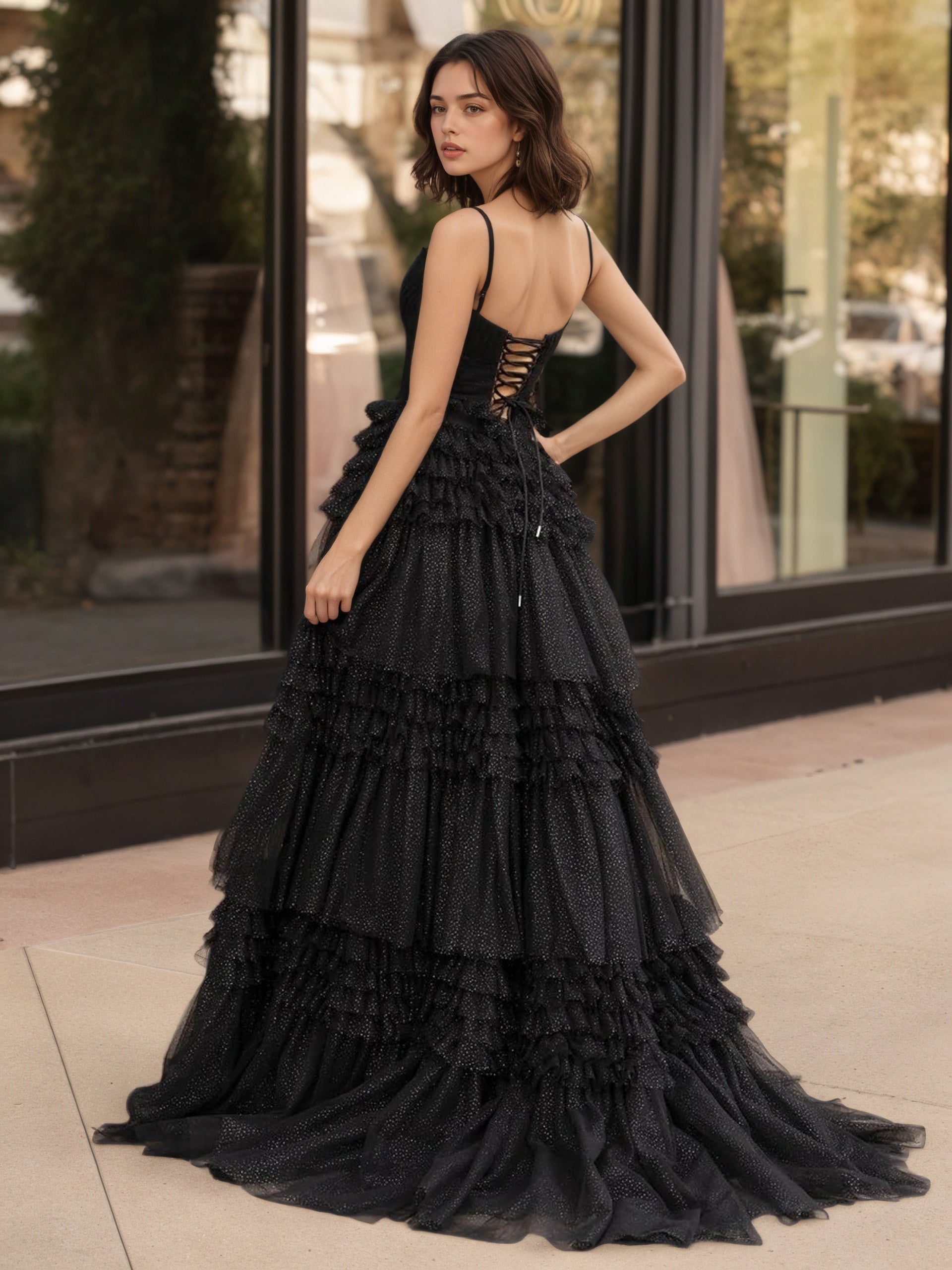 Sevoba | A-Line Deep V Neck Tiered Long Glitter Tulle Prom Dress