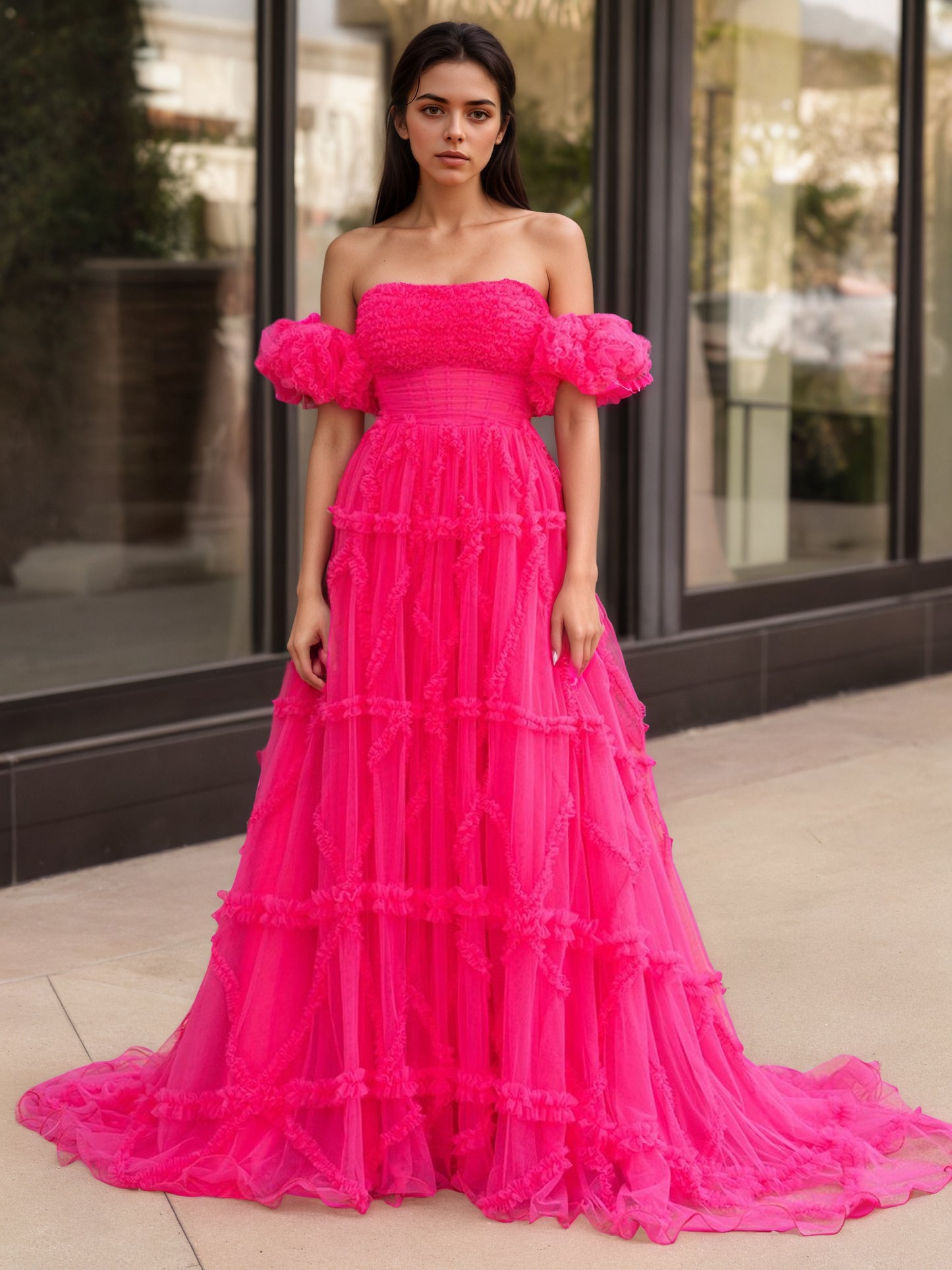 Sevoba|A-Line Strapless Ruffles Long Formal Dress with Puff Sleeves