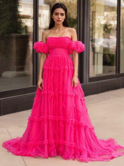 Sevoba|A-Line Strapless Ruffles Long Formal Dress with Puff Sleeves