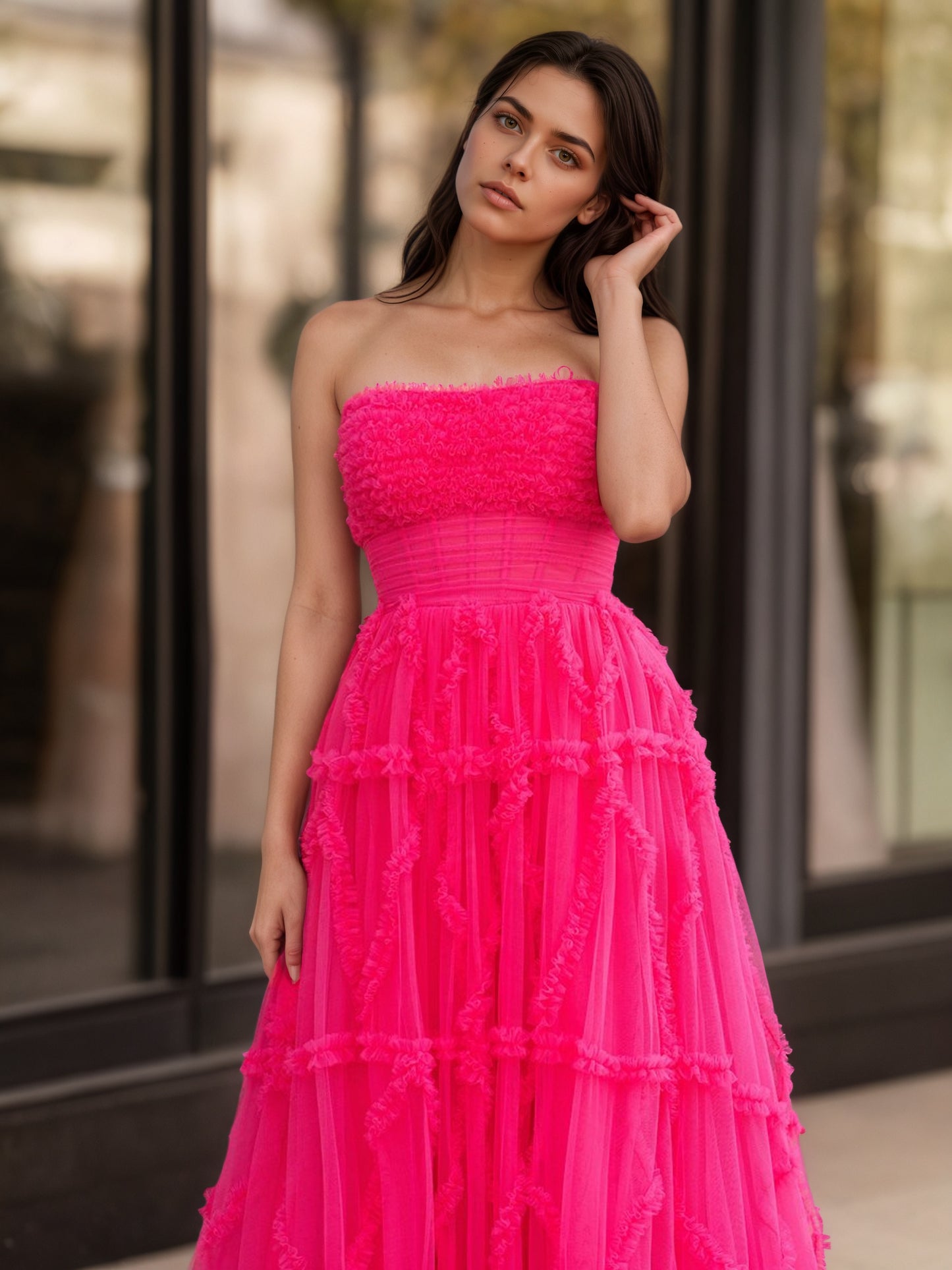 Sevoba|A-Line Strapless Ruffles Long Formal Dress with Puff Sleeves