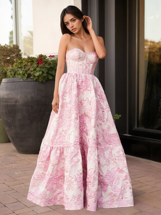 Sevoba | A-Line Sweetheart Floral Printed Long Prom Dresses