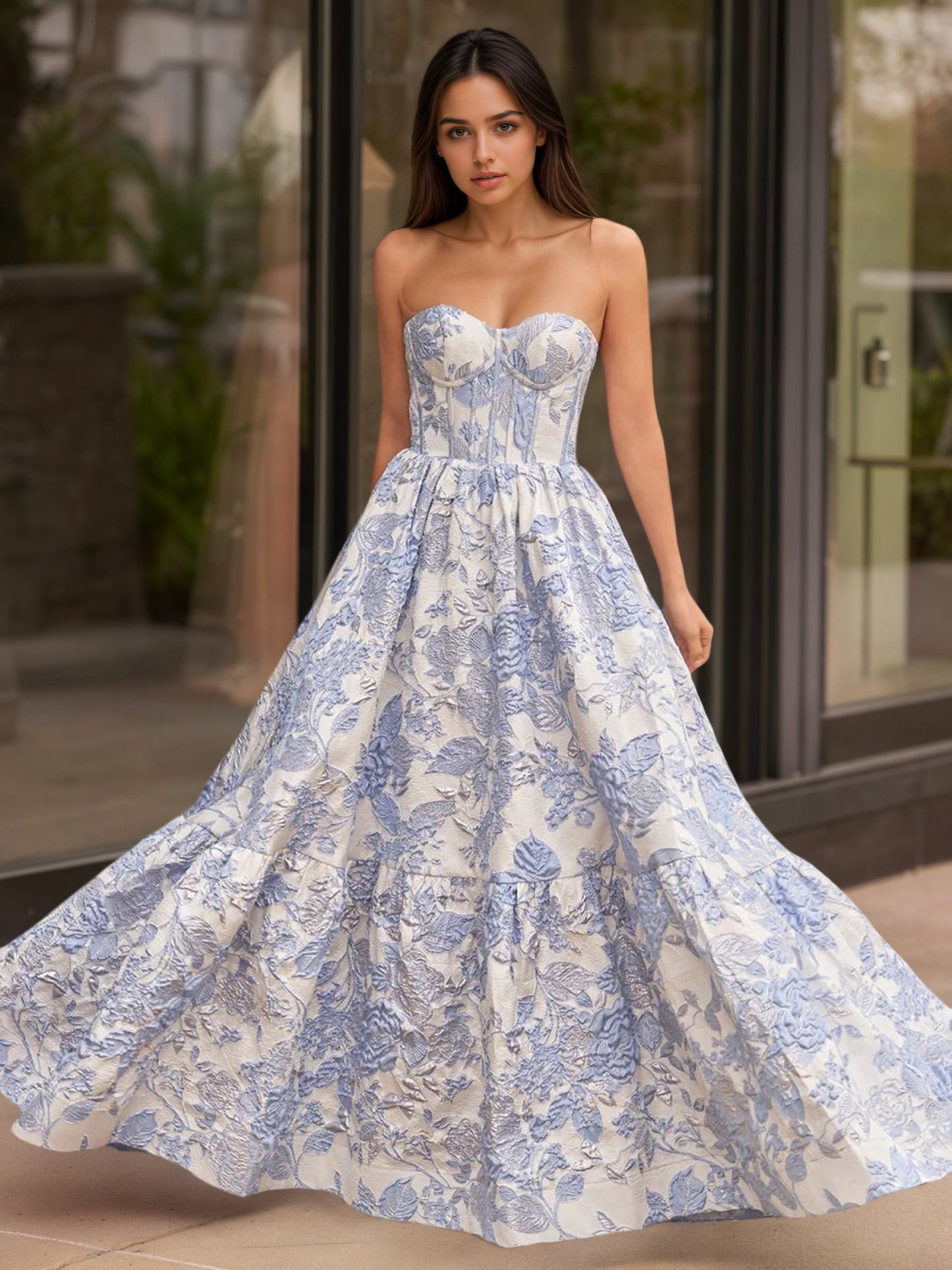 Sevoba|A-Line Sweetheart Floral Printed Long Prom Dresses