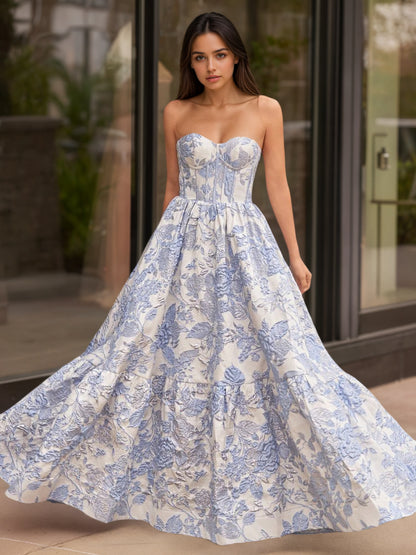 Sevoba|A-Line Sweetheart Floral Printed Long Prom Dresses