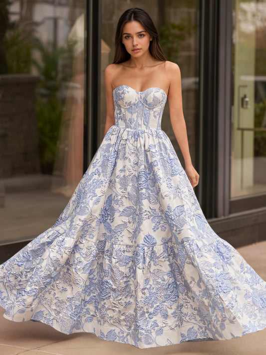 Sevoba|A-Line Sweetheart Floral Printed Long Prom Dresses
