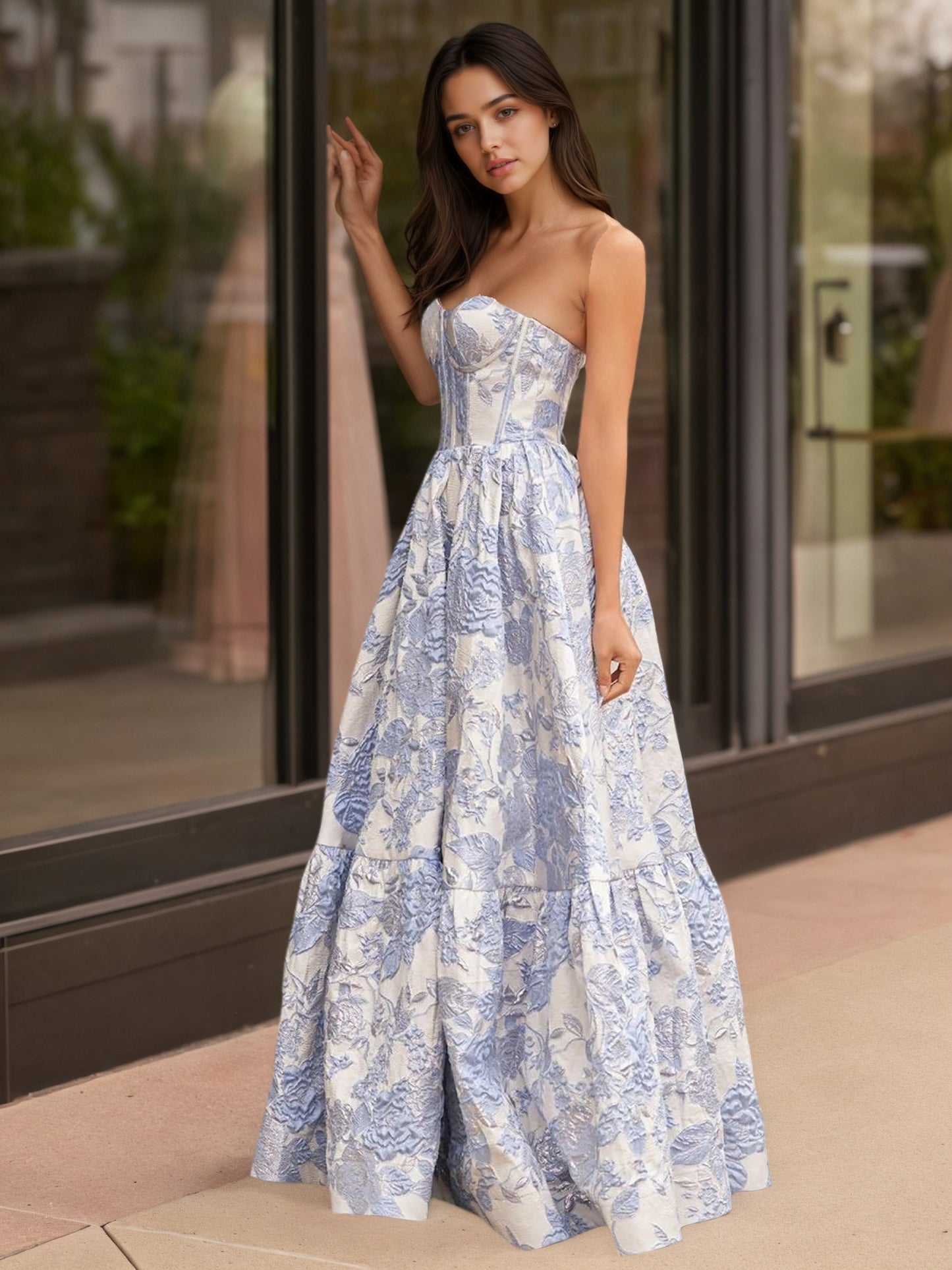 Sevoba | A-Line Sweetheart Floral Printed Long Prom Dresses
