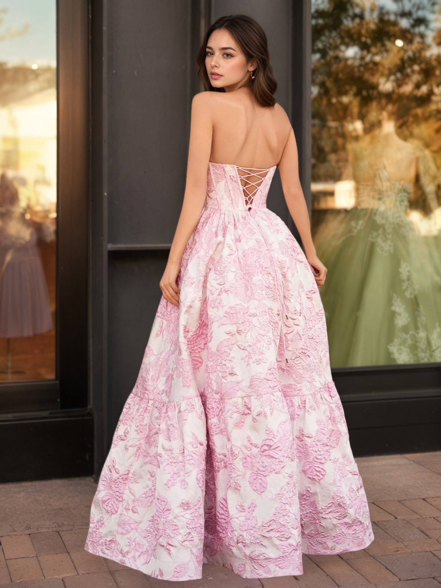Sevoba|A-Line Sweetheart Floral Printed Long Prom Dresses
