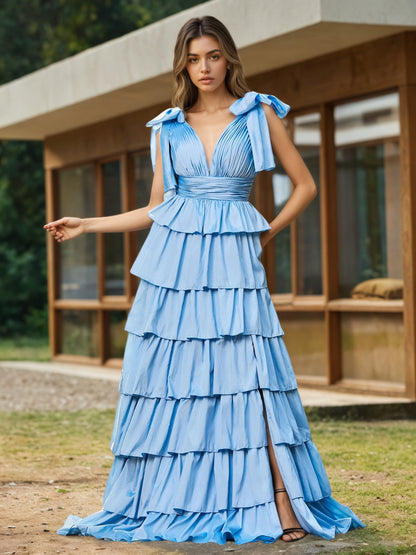 Sevoba | A-line Bow Shoulder Tiered Dress with Slit Sky Blue